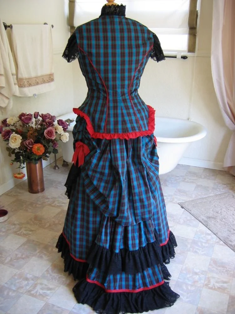 Victorian Civil War Walking Dress Medieval Colonial Plaid Bustle Ball Gown Halloween Carnival Party Stage Performance Costume