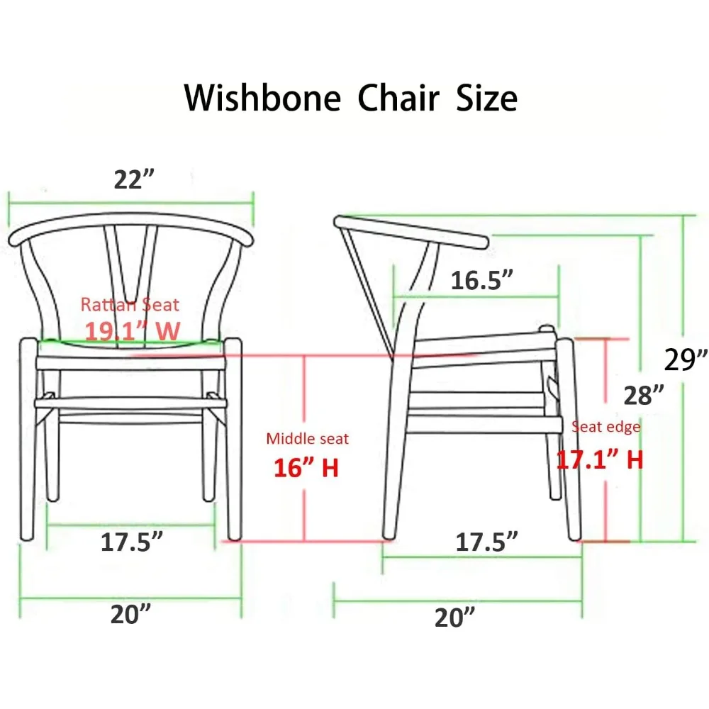 Dining Chair Set of 2 in Walnut, Natural Solid Wood, Hans Wegner Y-Shaped Backrest Hemp Seat, Mid-Century Rattan Dining Chair