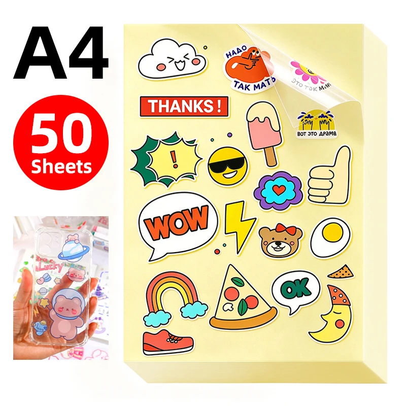 Pet High-Transparency A4 Transparent Printing Paper, 50 Sheets, Self-Adhesive, Suitable for Inkjet Printers, Compatible with Cricut, Quick-Drying, Vibrant Colors, Strong Adhesion, Waterproof, A4 (297 × 210 mm)