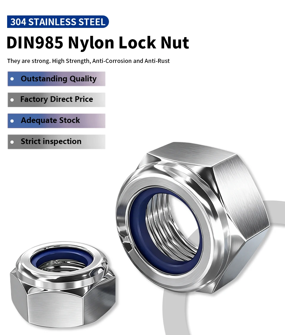 Nylon-Sicherungsmutter DIN985 304 Edelstahl Sechskant-Nylon-Einsatz Selbstsichernde Mutter Nyloc-Mutter M2 M2.5 M3 M4 M5 M6 M8 M10 M12 M14 M16 M18 – Detail 1