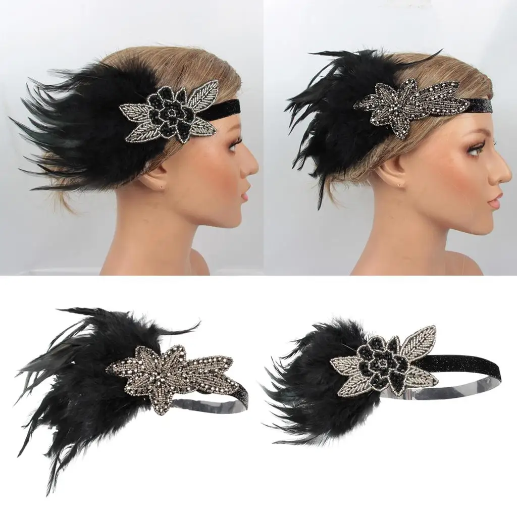 

1920s Headband Rhinestone Headpiece Black Feather Hair Accessories