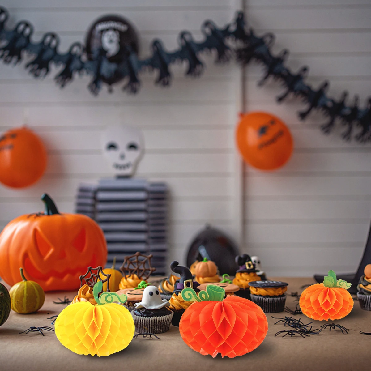 

6pcs Pumpkin Paper Honeycomb Decorations Foldable Lightweight Halloween Party Supplies Home Fall Hangingnaments