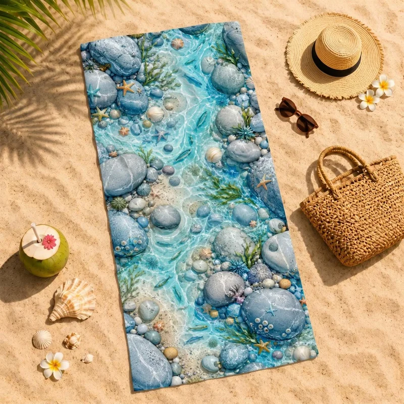 Newest Beach Towel Clear Blue Pebble Starfish Coral Underwater Print Quick Dry Beach Towel Nautical Swimming Towel