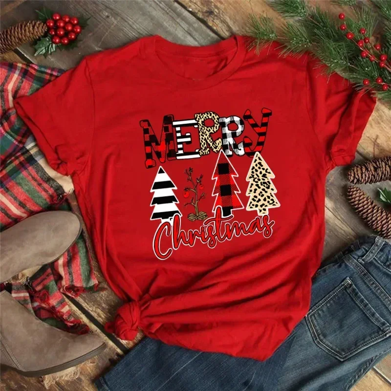 Women Tshirts Merry Christmas Tree Print Red Top Femal New Clothing Short Sleeve Fashion Harajuku Kawaii T-shirt Y2K Clothing