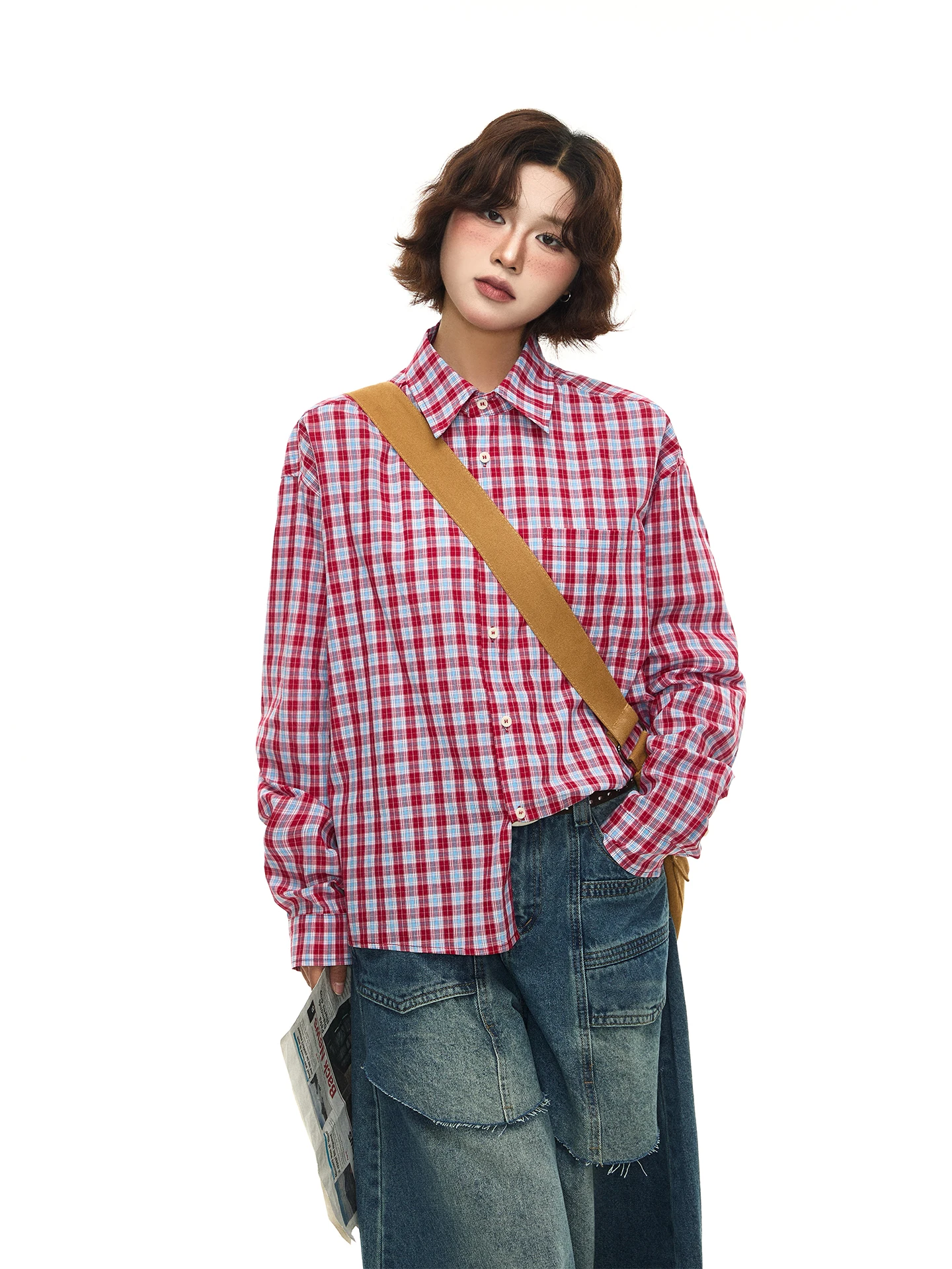 

Cleanfit Long Sve irt Women's Loose Casual Red Plaid irt American Sle Versatile irt Mian Nian Old op