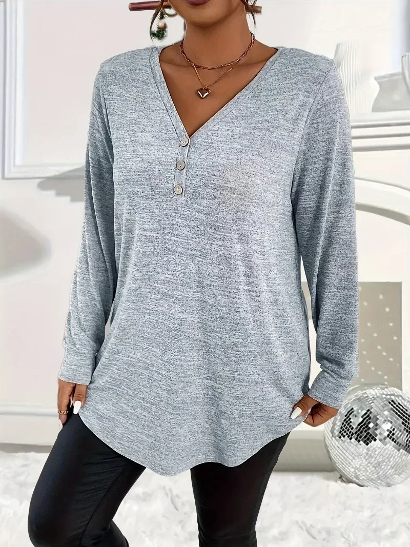 Plus Size 1XL-5XL Women's V-neck Button-up Fashion T-shirt Casual Curves Long Sleeve T-shirt Casual Loose Solid Color T-shirt