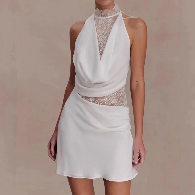 

Summer Beach Vacation Slim Party Dress French Style Lace Spliced Satin Evening Dress Sexy Sleeveless Hollow Out Suspender Dress