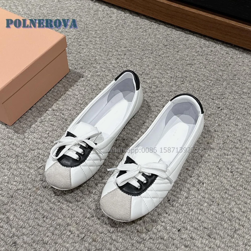 

Cross Tied Shallow Bicolor Pumps Round Toe Flat with Slip On Patchwork Ballet Shoes Suede Plaid Sewing Casual Shoes 2024 Summer