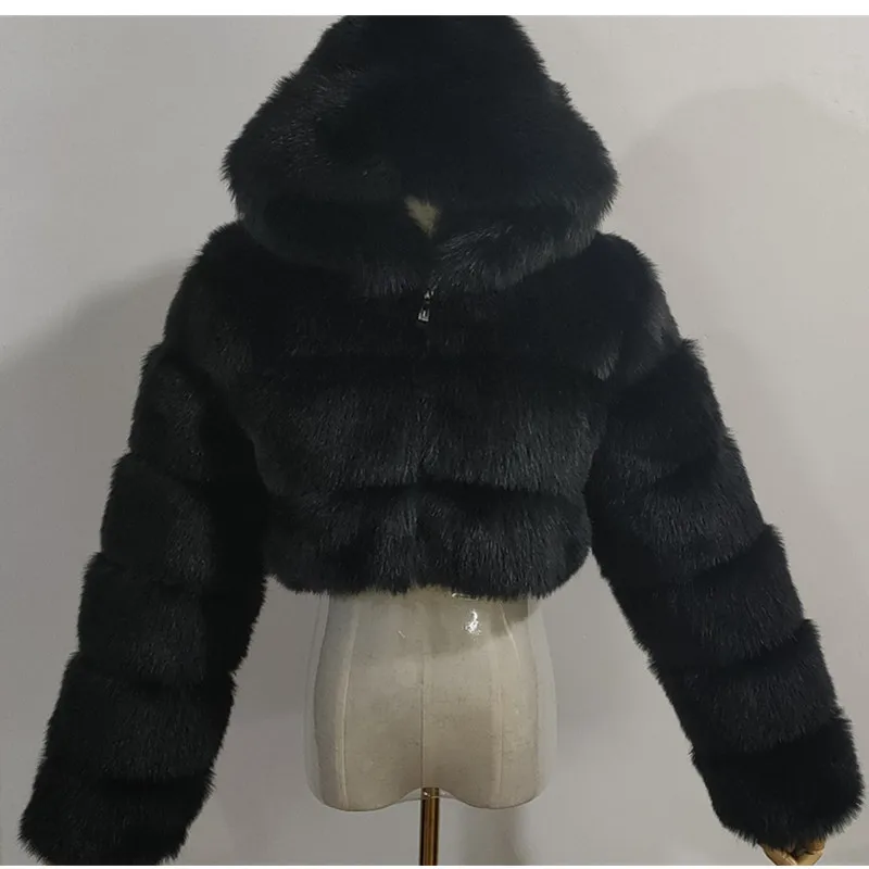 Fashion Hooded Faux Fur Coat Women 2023 Winter Tops Quality Warm White Furry Overcoat Elegant Crop Jacket Femme Large Size 461