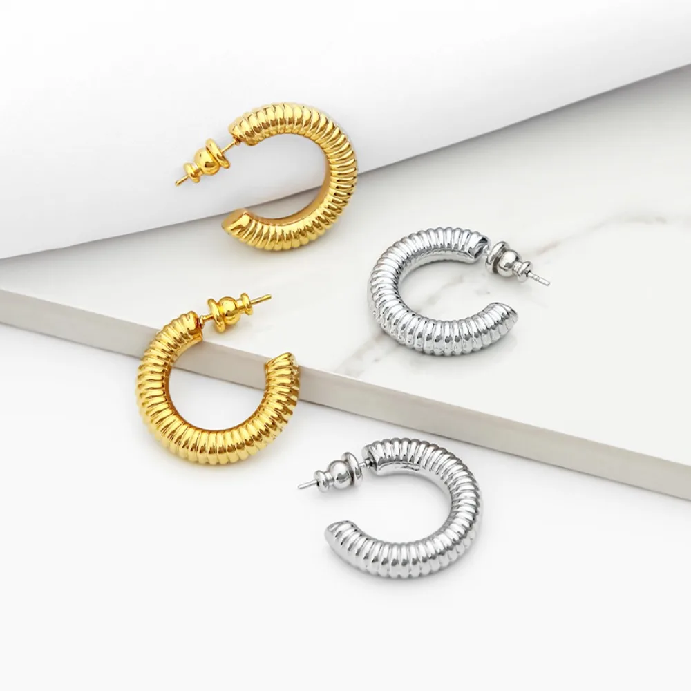 

25cm Caterpillar C Shape Earrings Cuff Yellow Gold Plated HongKong Vintage Thread Stud Earrings Women Girls Birthday Gift