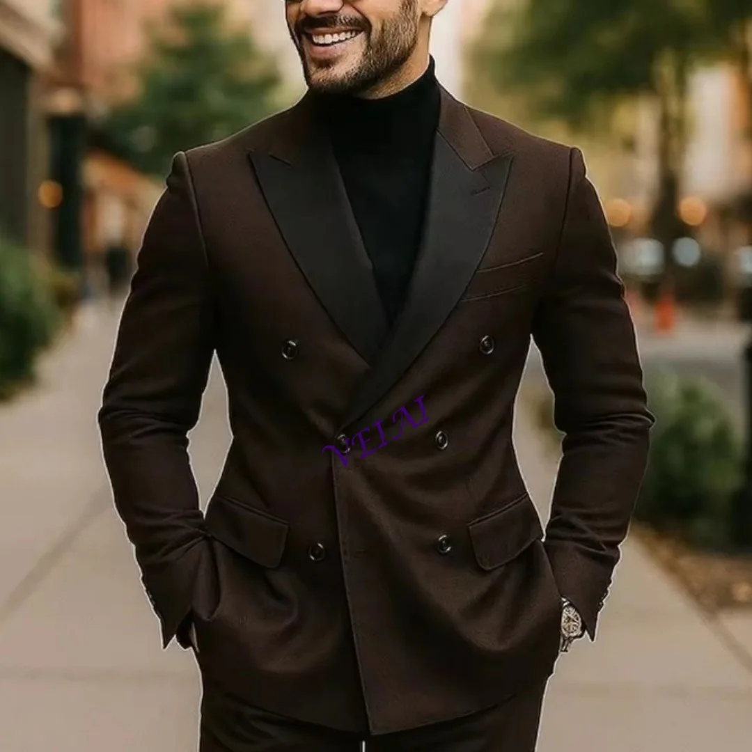 

Индивидуальный новый черный воротник темно-коричневый мужской костюм для свадебной вечеринки, формального жениха, жениха, выпускного вечера, деловые мужские смокинги, комплект из 2 предметов, куртка