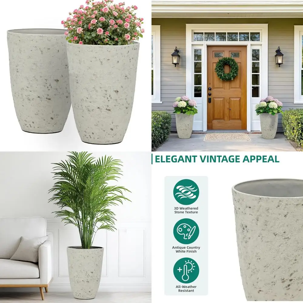 

Large Outdoor Planters Set of 2 - Country White Tall Flower Pots with Birch Bark Texture, Heavy-Duty and Weather Resistant