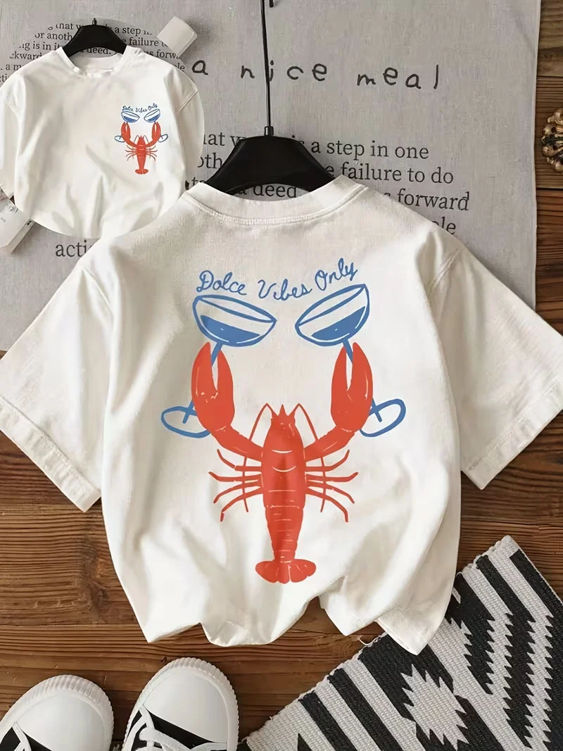 Camiseta Feminina com Estampa Gráfica de Manga Curta, Design Divertido de Lagosta e Vite Only, Lavável na Máquina, Top para Todas as Estações