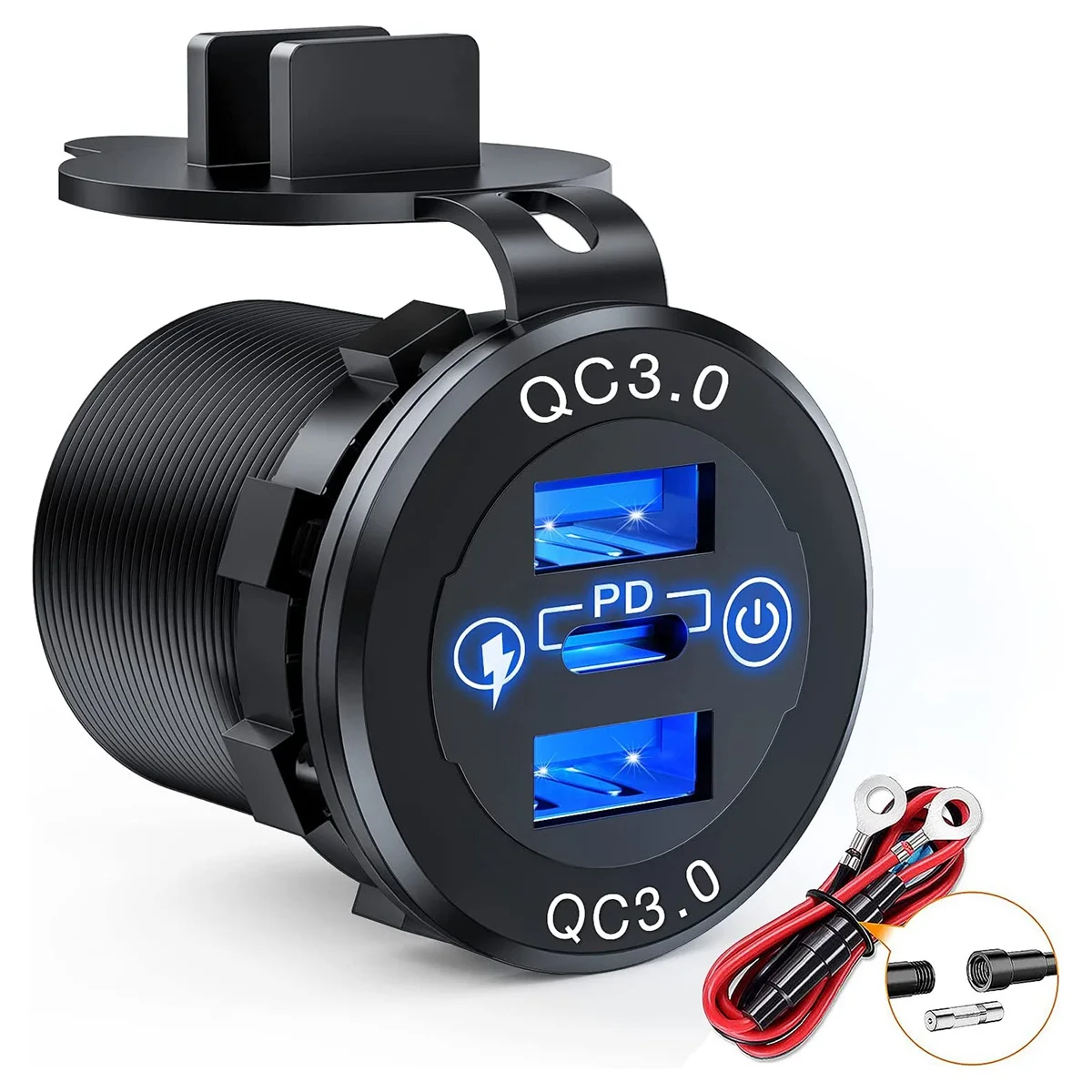 Presa di ricarica rapida 60W USB-C presa multipla per caricabatteria da auto PD 3.0 e due porte QC3.0 con interruttore tattile adattatore per auto veloce