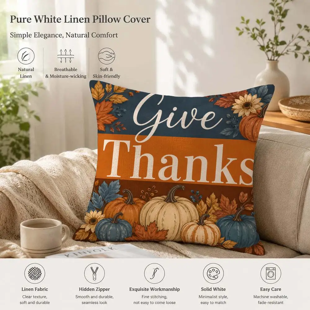 Happy Fall Yall Farm Pumpkins Cushion Cover Natural Linen Pillow Case Organic Fabric Double Sided Print Sofa Home Decor Gift