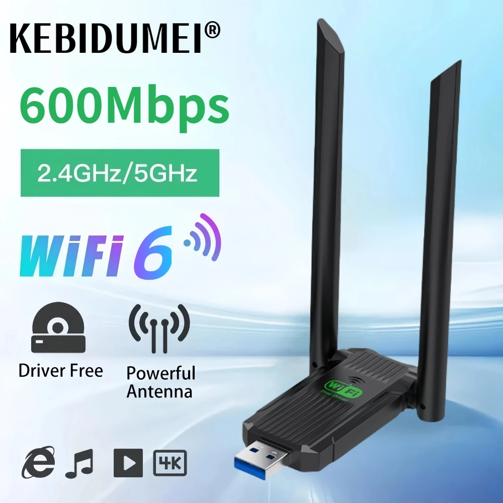 600Mbps WiFi6 Network Card Dual Band 2.4G/5Ghz Wireless WiFi Receiver USB 3.0 Dongle Adapter For Laptop PC Win 10/11 Driver Free