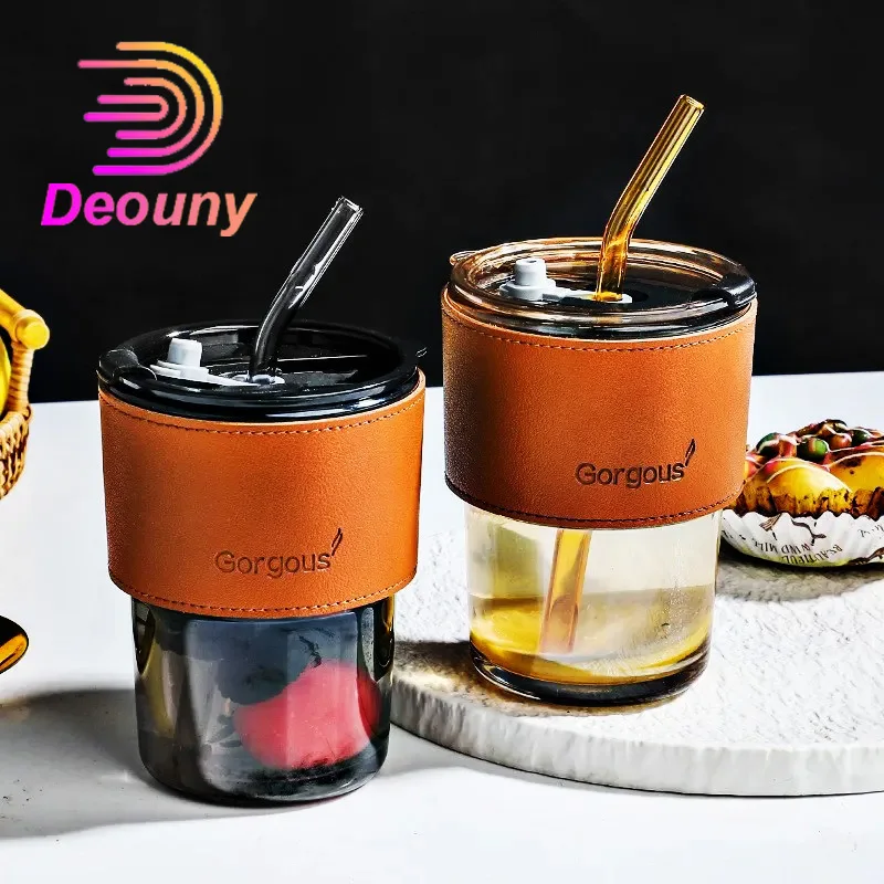 DEOUNY Simple Glass Cup With Lid and Straw Transparent Tea Cup Juice Glass Beer Can Milk Mocha Cups Breakfast Coffee Mug