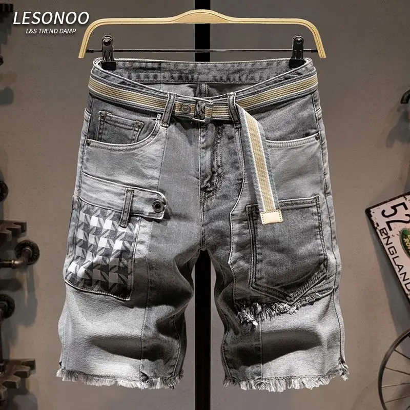 

Summer Korean Luxury Clothing Casual Knee Length Jeans for Men Solid Kpop Denim Shorts Men's Jeans Cowboy Cowboy Pants for Men