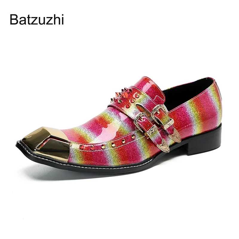 Batzuzhi Luxury Handmade Men's Sheos Slip on Buckles Leather Dress Shoes Men Gold Metal Tip Rivets Party, Wedding Shoes Man