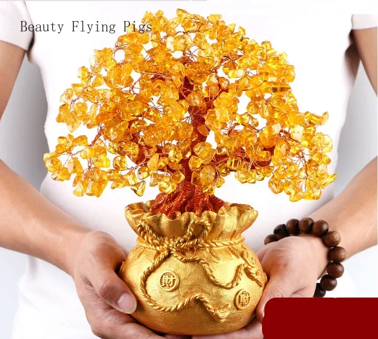 Large Golden Natural Crystal Lucky Money Bag Tree Fortune Tree Money Tree Business Craft New Home Gift Decoration Sculpture