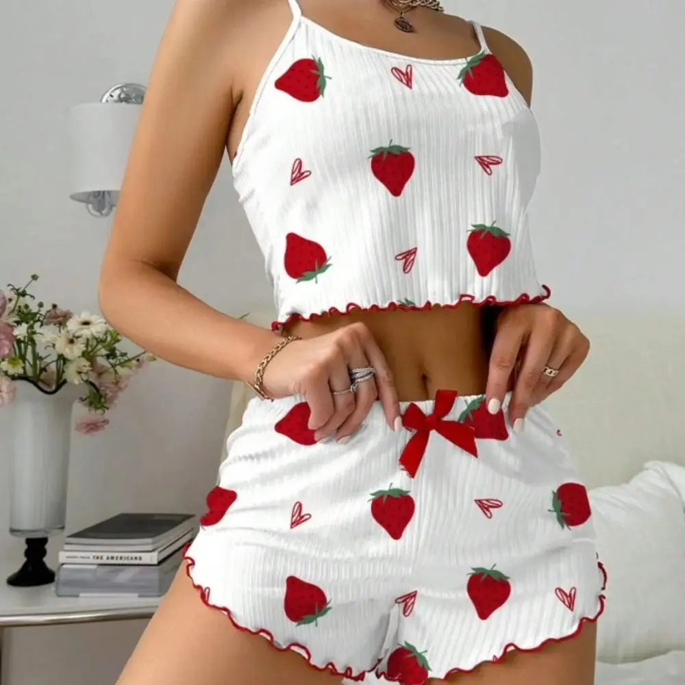 Polyester Fiber Strawberry Print Pajama Set Comfortable Midweight Two-Piece Sleepwear Breathable Solid Color Camisole Set