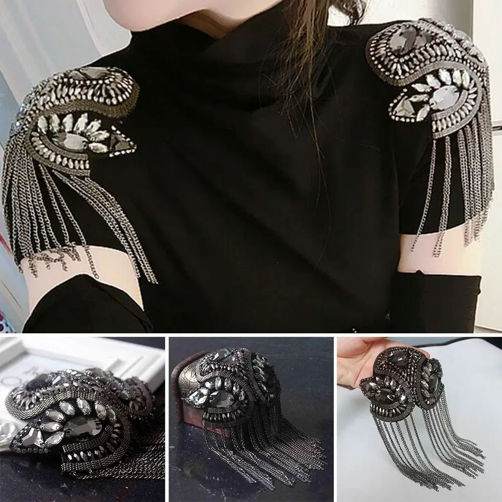 Delicate Handmade Tassel Epaulette Rhinestones Long Chain Brooch DIY Electroplating Shoulder Jewelry Men Women