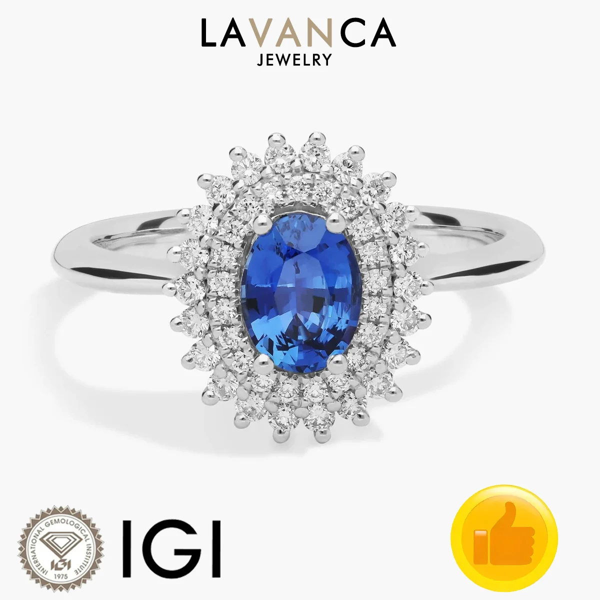 

Oval Cut Lab Grown Sapphire Ring 9K/14K/18K Real Gold Ring Round Lab Diamond Double Halo Engagement Ring Wedding Ring For Women