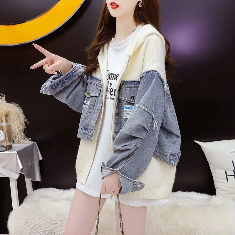 جاكيتات للنساء التلبيب لوحات الدنيم سترة النساء معاطف فضفاضة سترة سميكة سترة مشغولة من الصوف ملابس النساء تريكو