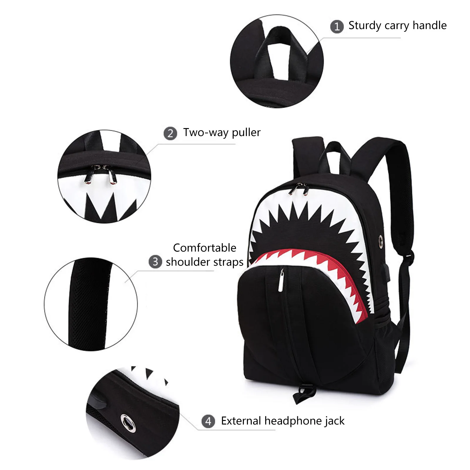 Shark Mouth School Backpack - Oxford Cloth Laptop Back Bag Daypack for Students