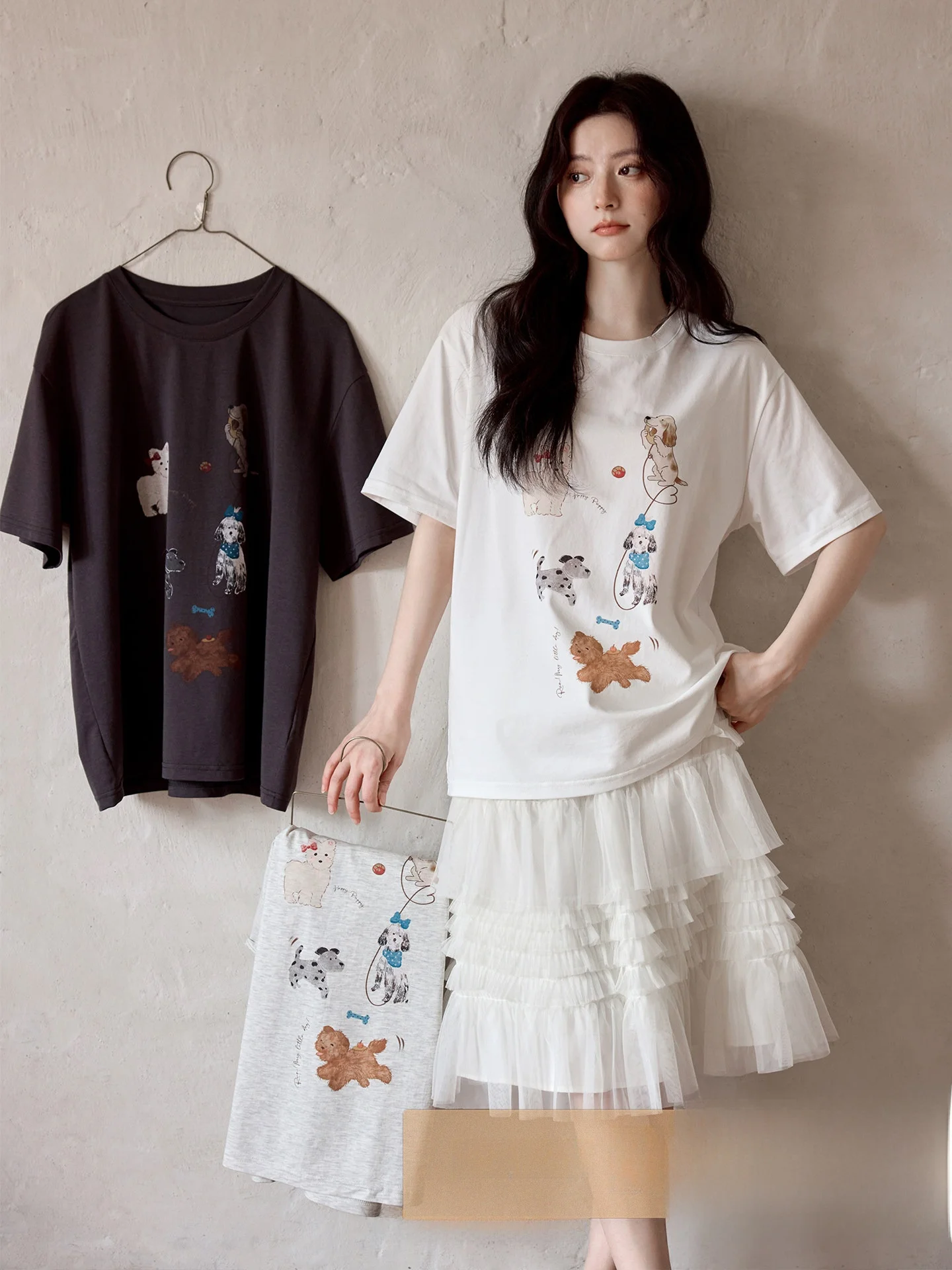 

Ximen 2026 Новая летняя женская футболка в корейском стиле с оригинальным дизайном и принтом «Животный рай», белая, с коротким рукавом, модная