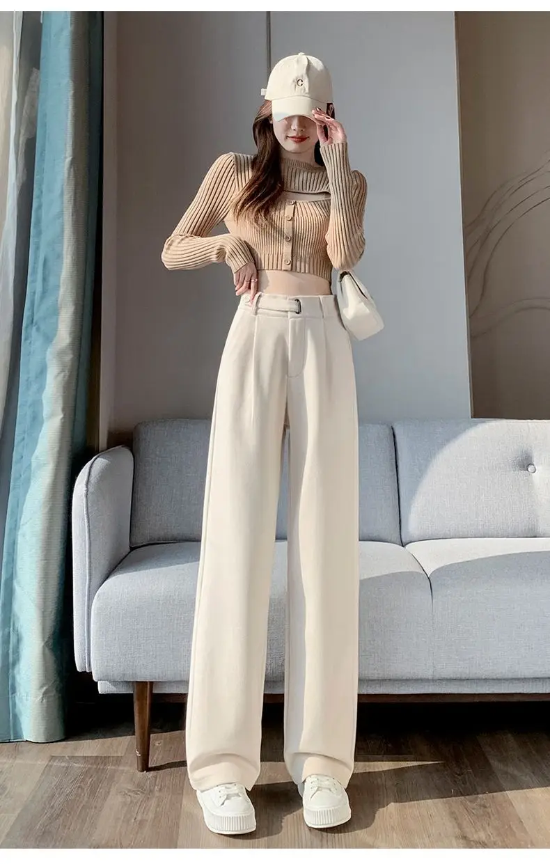 Brown Woolen High-end Suit Pants for Women in Autumn and Winter 2023 New Narrow Version Straight Wide-leg Pants with Drape