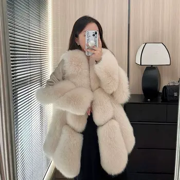 女性のための本革のジャケット,厚くて暖かいコート,自然なキツネの毛皮,冬のコート,2024