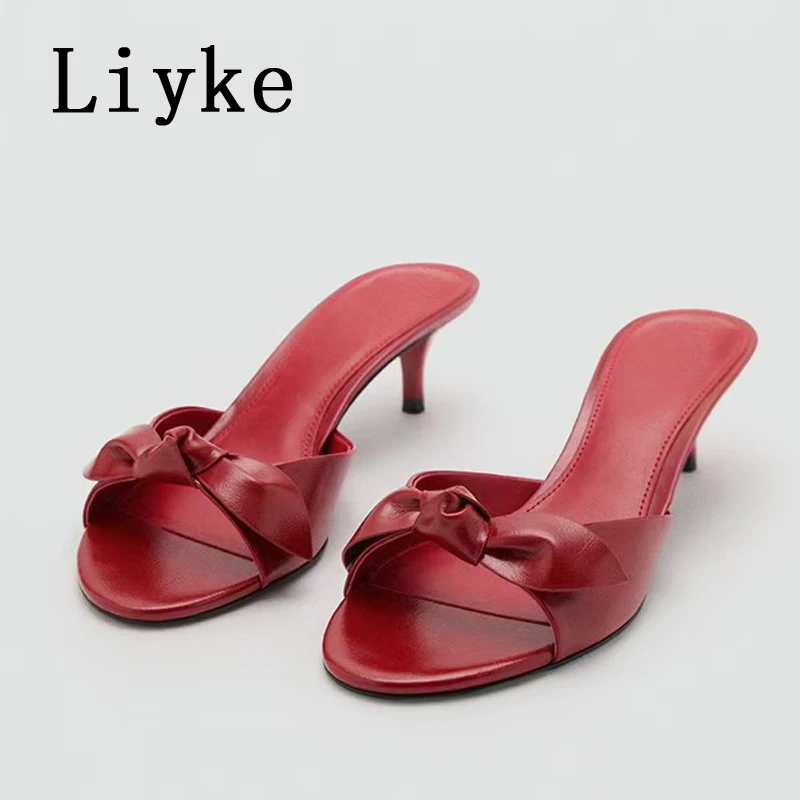 

Liyke Summer Fashion Thin Low Heels Slippers Women Butterfly Knot Round Toe Beach Casual Sandals Ladies Shoes Zapatos De Mujer