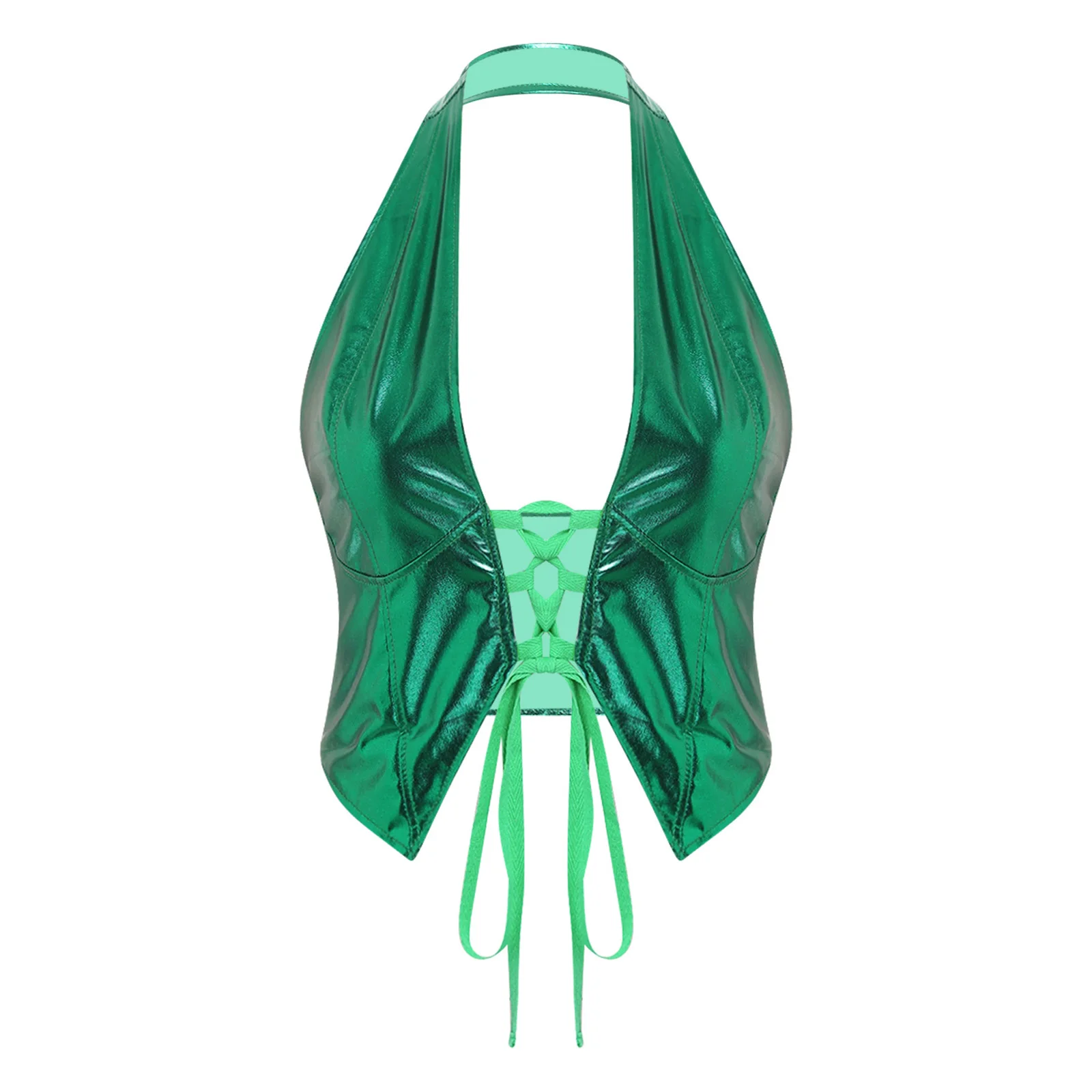 

Women Sexy Metallic Shiny Crop Tops Halter Front Lace-up Backless Cropped Tank Top Vest for Stage Club Jazz Music Festival Tops