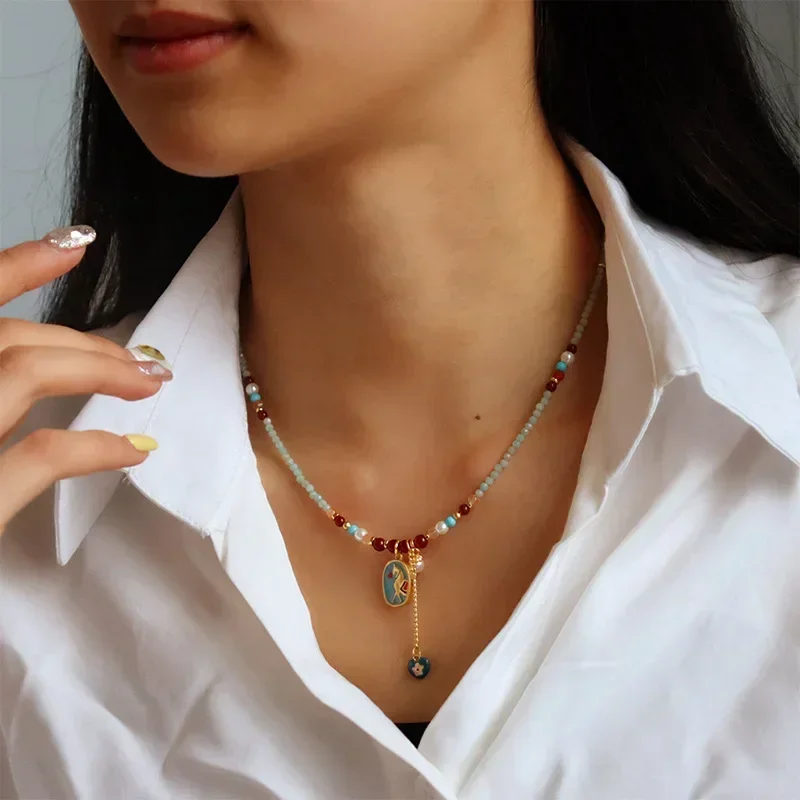 Fashion Jewelry Vintage Temperament Colorful Bead Chain Necklace Earrings For Women Girl Gifts 2024 New Accessories Hot Sale