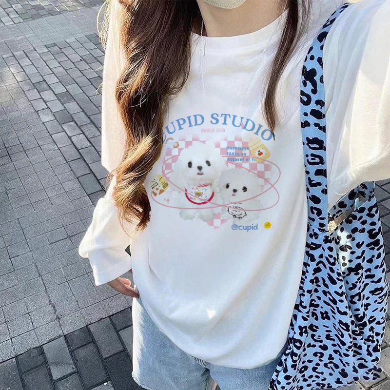 

Корейская милая женская футболка с длинными рукавами и принтом собаки, осенние свободные повседневные уличные топы, кавайная футболка большого размера для женщин