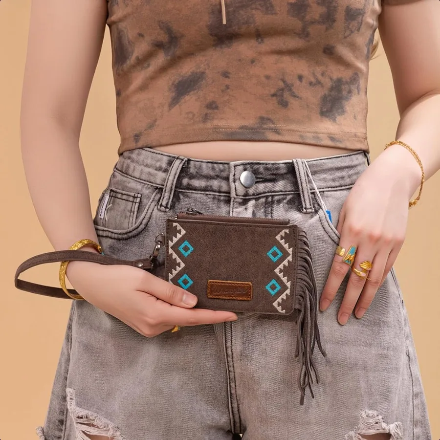 X Wrangler Small Card Wallet Women Fringe Small Wallet with Wristlet Strap RFID Slim Card Holder Ladies Wallet with ID Window