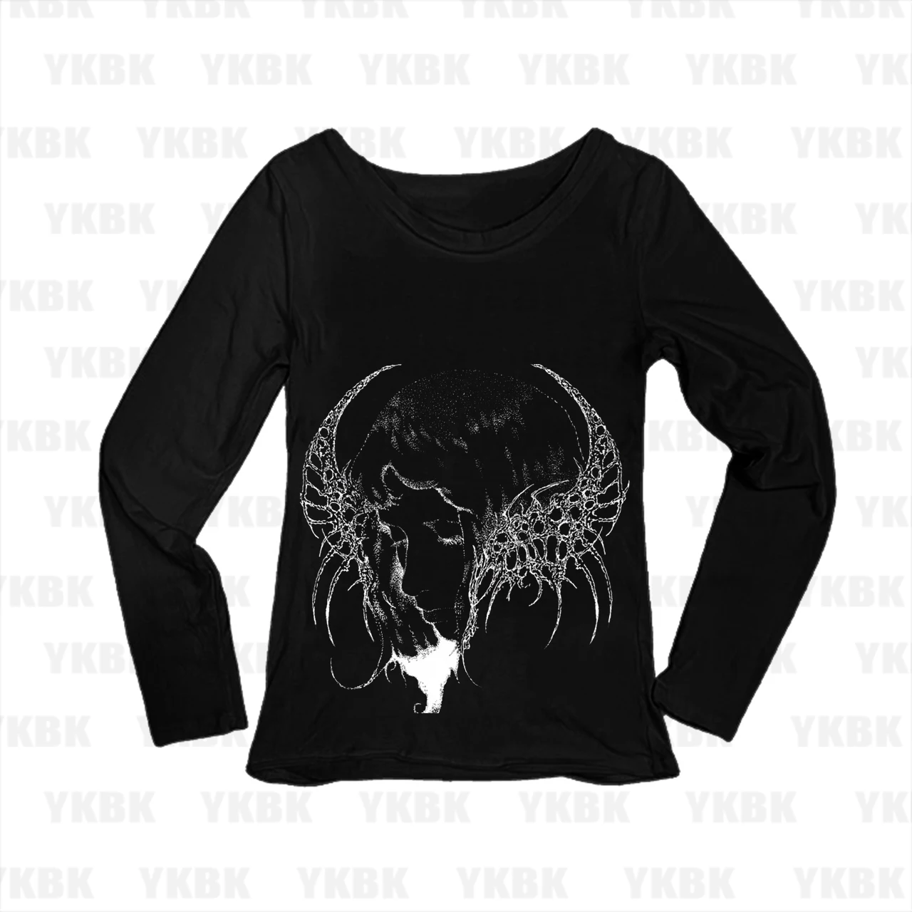 Bone Wing Girl Profile Grunge Art Graphic Print Women Long Sleeve T‑Shirt Slim Fit Dark Gothic Ladies Tops
