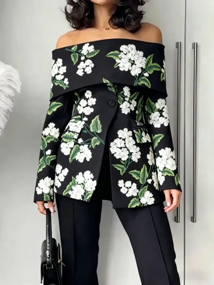 UOOZEE مكتب سيدة سترة سهرة رسمية أنيقة خارج الكتف الأزهار ملابس منقوشة بكم طويل سترة ملابس خارجية للحفلات 2026 العصرية #2