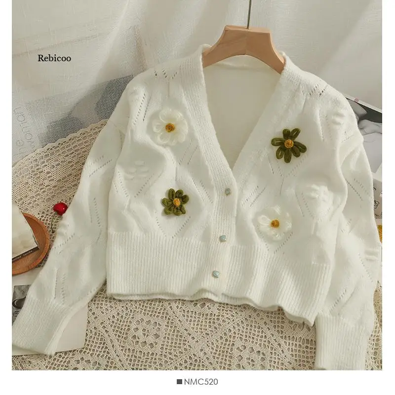 Long Sleeve Green Cropped Cardigan 2022 Spring Women's Sweaters 3D Flowers Knitting Jacket Pull Korean Style New