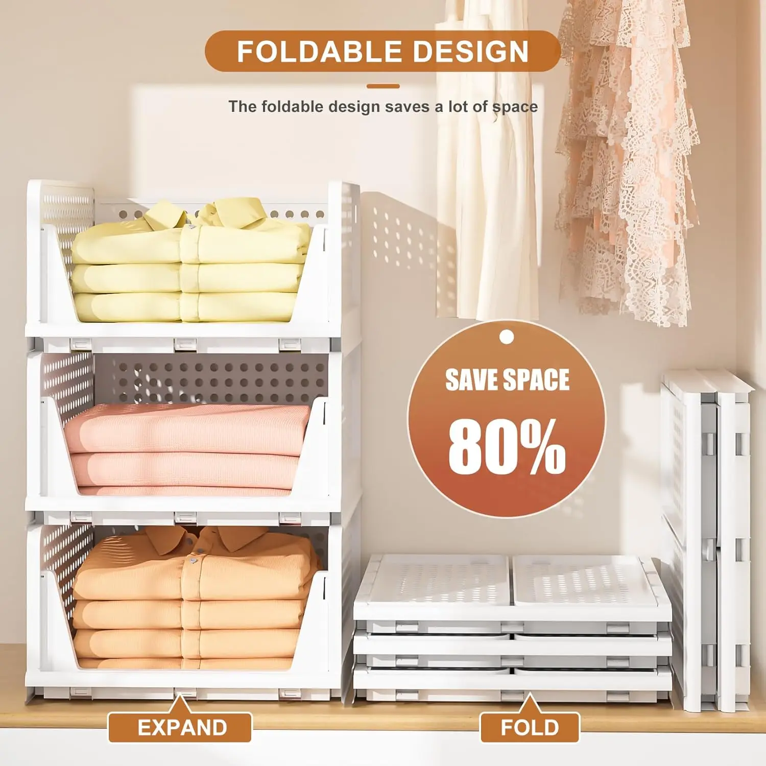 5 عبوات من صناديق بلاستيكية قابلة للتكديس، منظمات خزانة قابلة للطي لتخزين الملابس (5 لتر، أبيض)