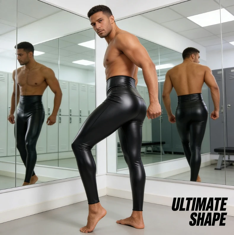 

Men High Waist Elastic Leather Pants Tummy Control Butt Lifting Body Shaping Nine Quarter Trousers For Fitness Slim Outfit