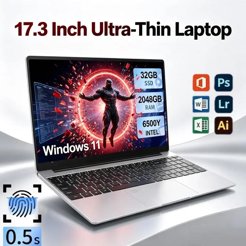 Intel 6500Y 17.3 Inch Slim Notebook Windows11 32GB RAM 2TB SSD Fingerprint Unlock PC For Daily Work Web Surfing & Casual Game
