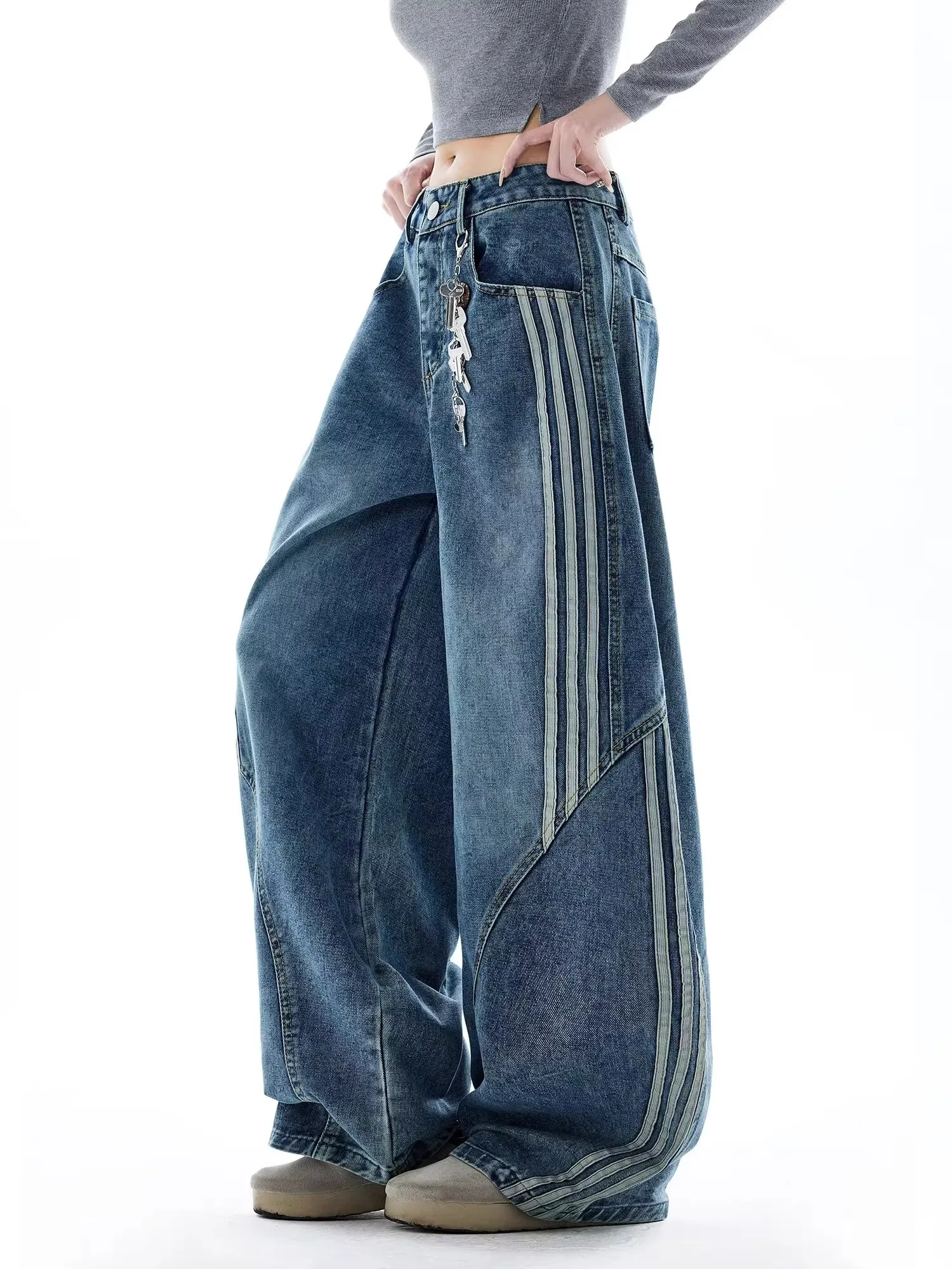 Dżinsy damskie w paski w stylu amerykańskim vintage, szerokie spodnie typu scimitar z trójwymiarowym krojem, luźne spodnie codzienne.