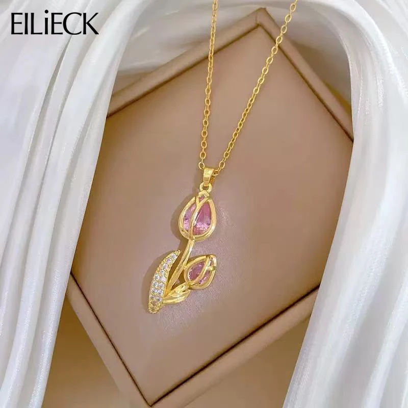 EILIECK, nuevo Collar de cadena de circonia cúbica con flor de tulipán, Collar de moda de acero inoxidable, joyería para mujer, bisutería de regalo
