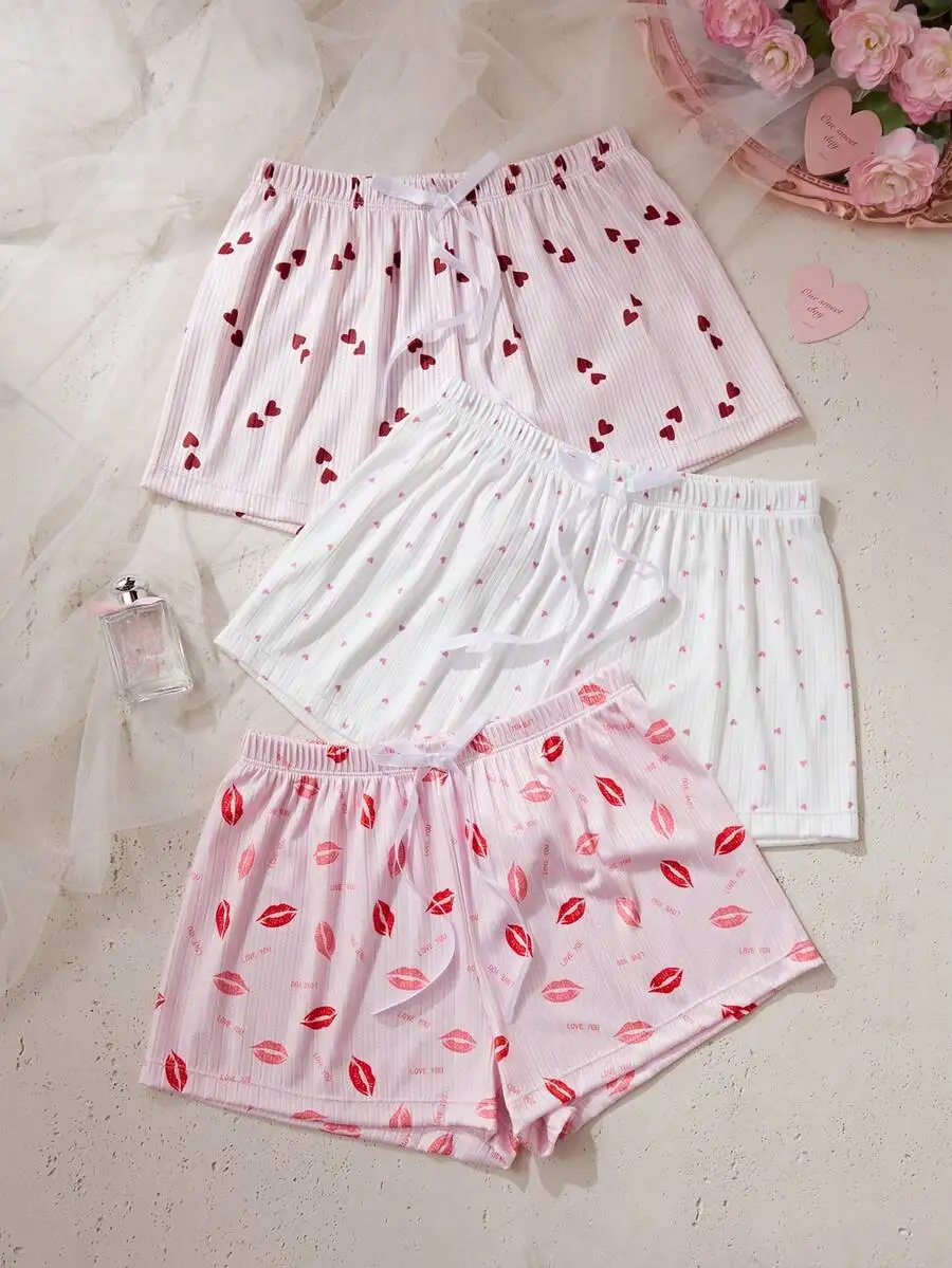 Womens 3pcs Set Elastic Waist Printed Pajama Shorts