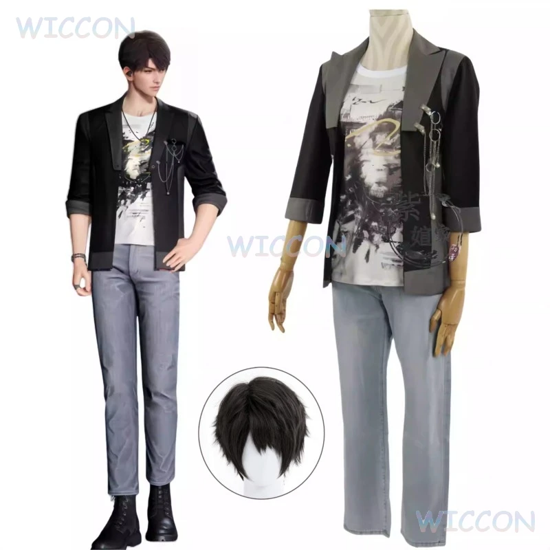 

Game Love And Deepspace Caleb Cosplay Daliy Suit Caleb Cosplay Wig Black Uniform Jeans Adult Women Men Halloween Party Roleplay