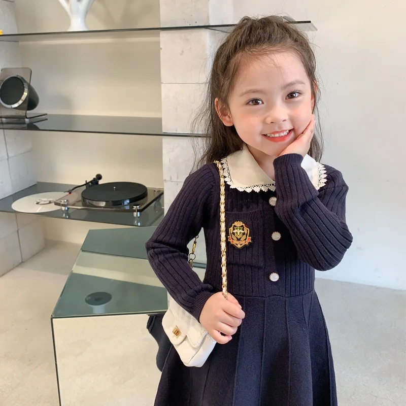 Girls' Campus Style Knitted Dress 2024 Spring and Autumn New Baby Bottom Sweater Long Sleeve Collar British Fashion Dress