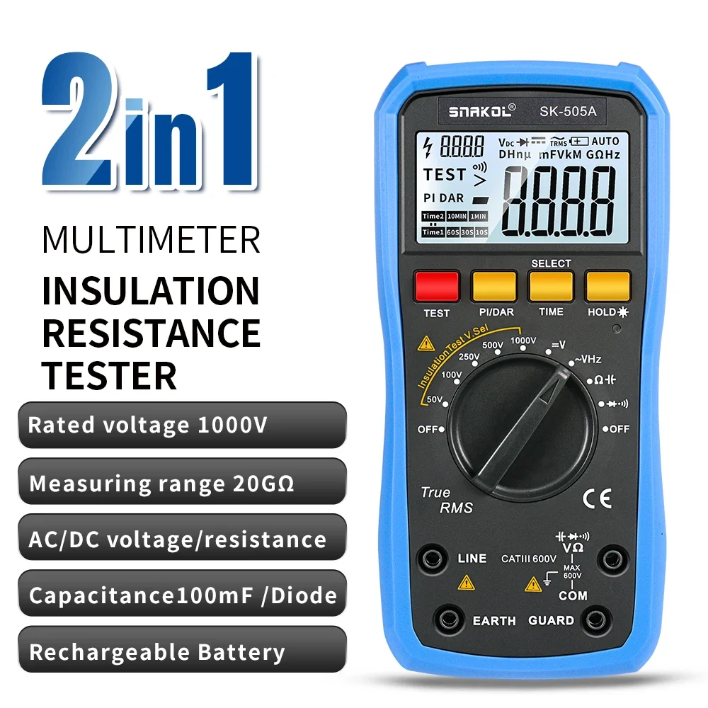 Snakol SK-505A 2-in-1 Digitale Multimeter Isolatieweerstandstester 1000V Megohmmeter Voltmeter AC/DC Spanningsweerstand Meter