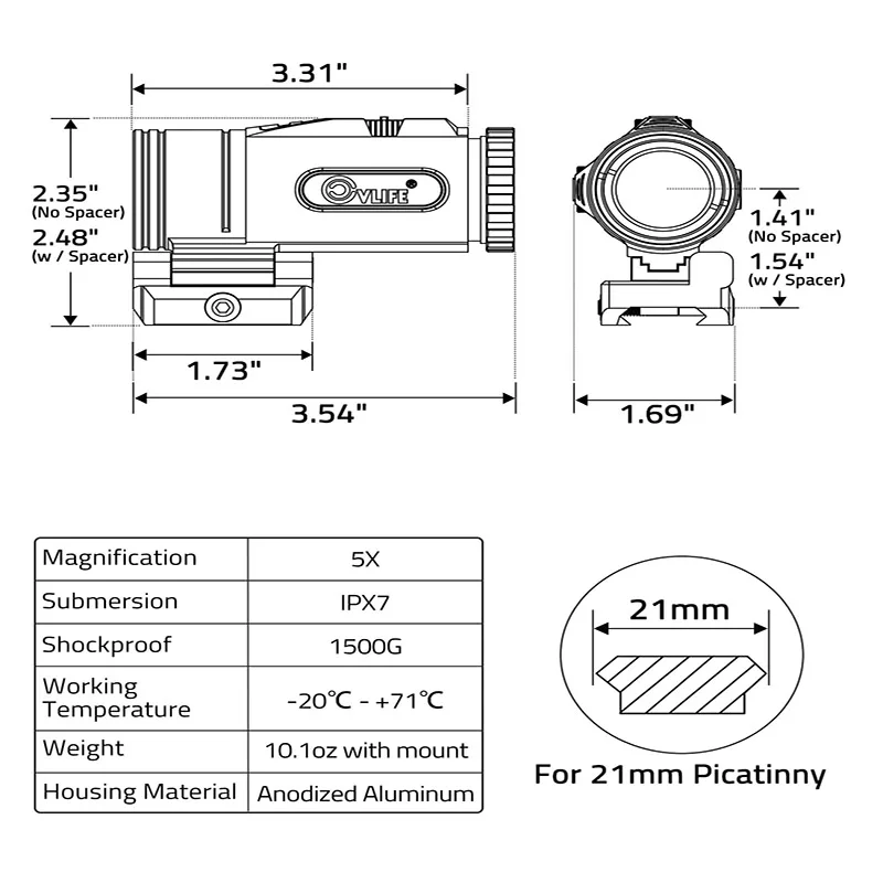 Wzmacniacz celowniczy CVLIFE 5X z mocowaniem typu flip-to-side do montażu na szynie Picatinny 21mm, do celowników kolimatorowych z czerwonym i zielonym punktem, wzmacniacze optyczne.